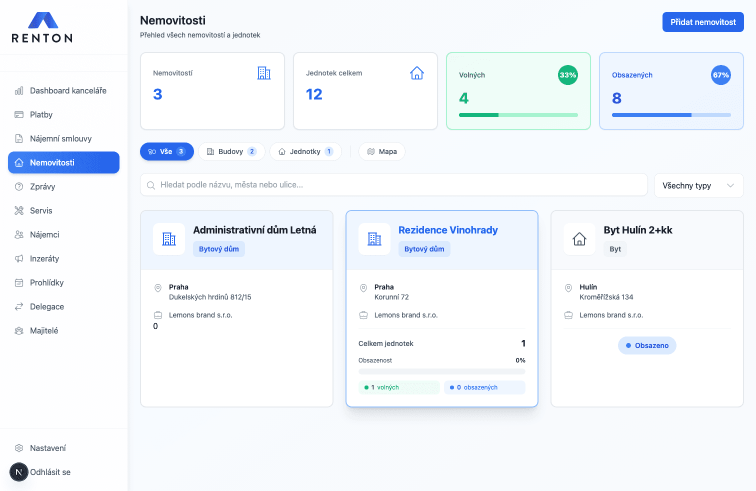 Ukázka přehledu nemovitostí v aplikaci Renton