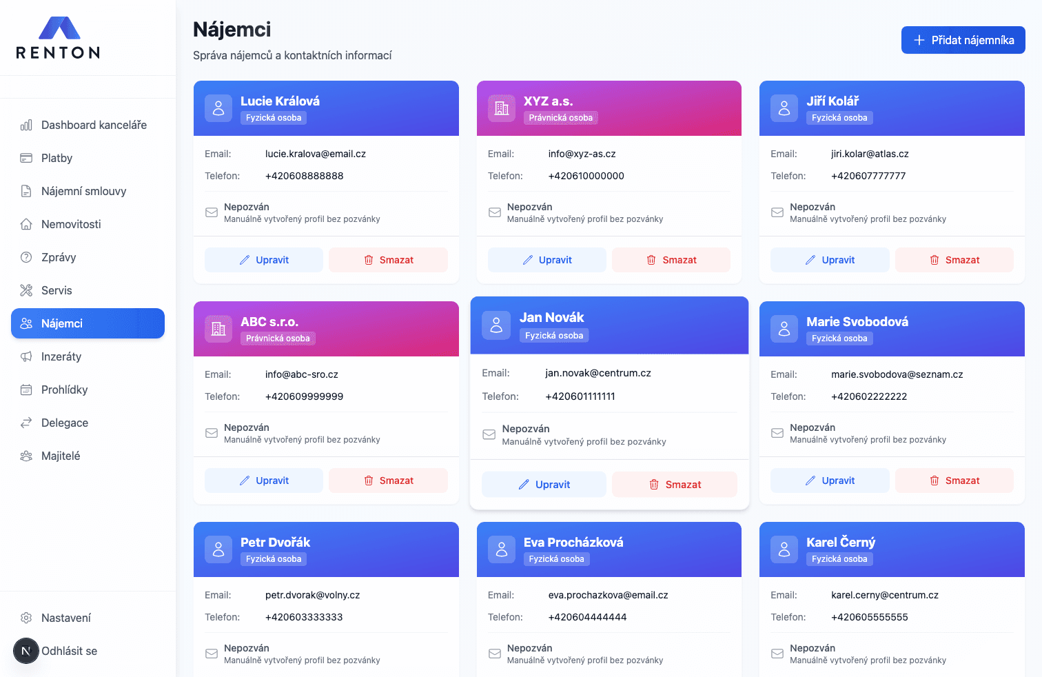 Adresář nájemníků v aplikaci Renton